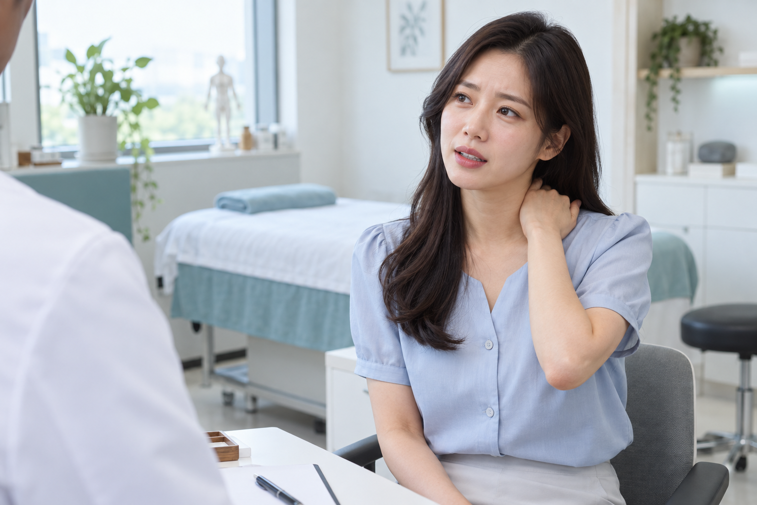 목과 어깨의 불편함을 상담하는 성인 여성 모델의 AI 연출 이미지